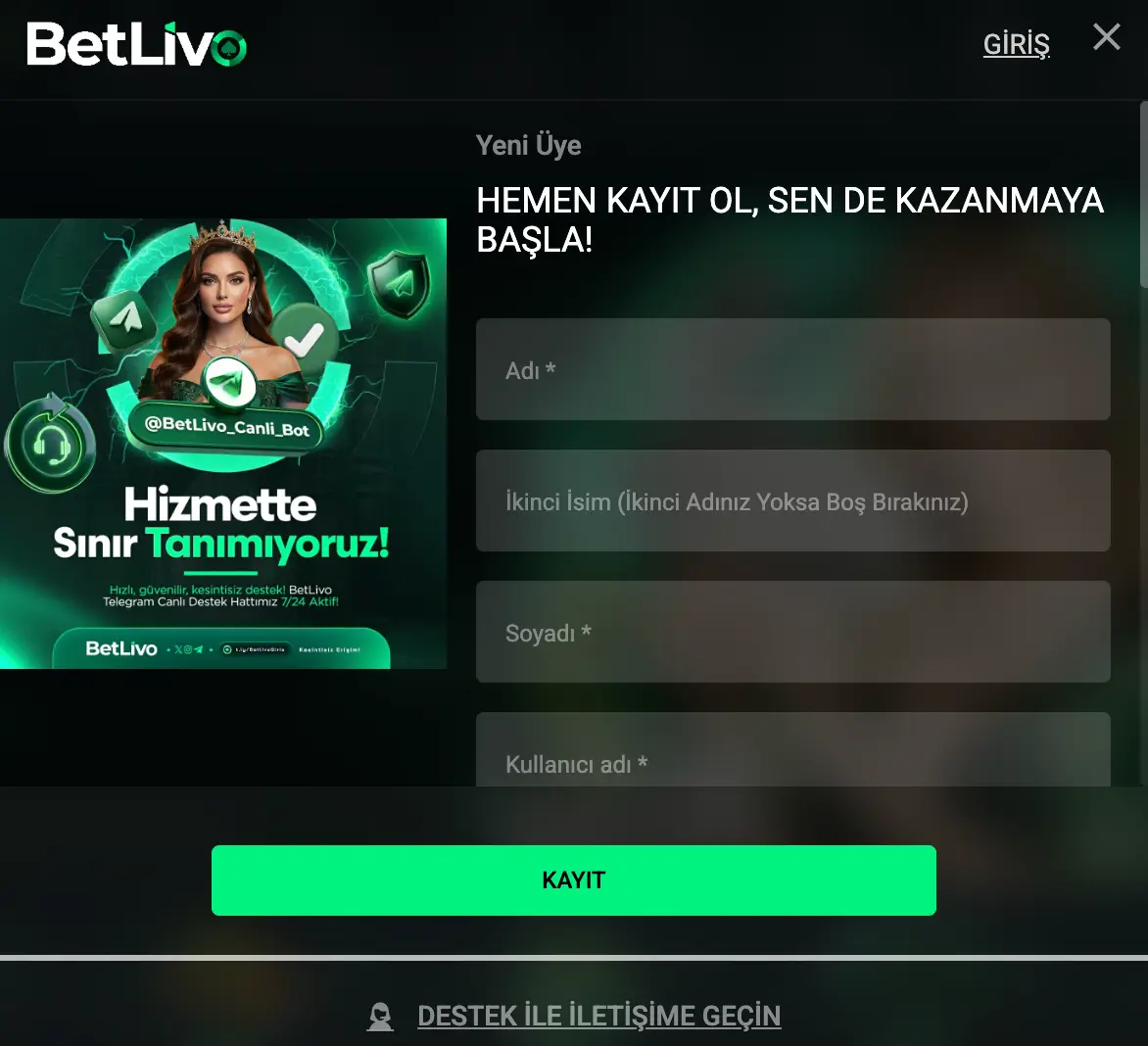Betlivo üyelik kayıt formu ekranı